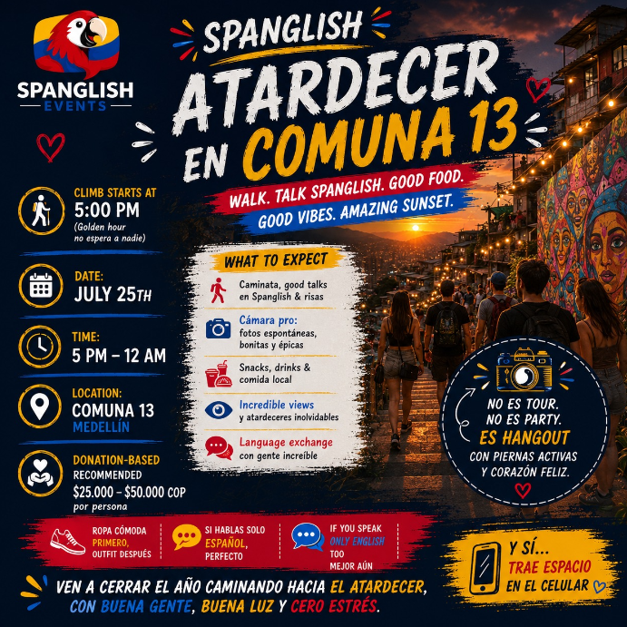 Spanglish Communa 13 Sunset event poster with Comuna 13 sunset, schedule, location, and donation details